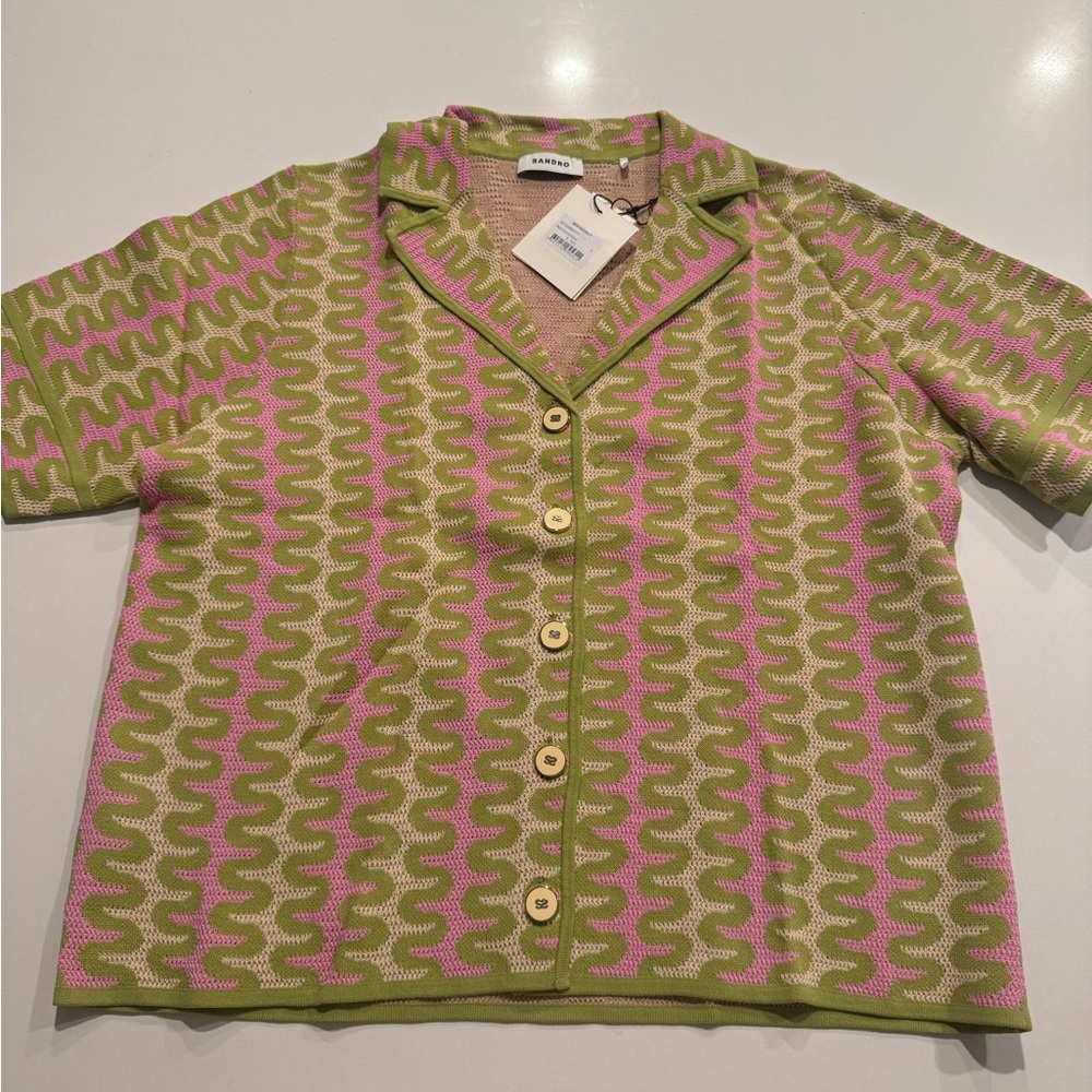 Sandro Green and Pink Button-Up Cardigan
